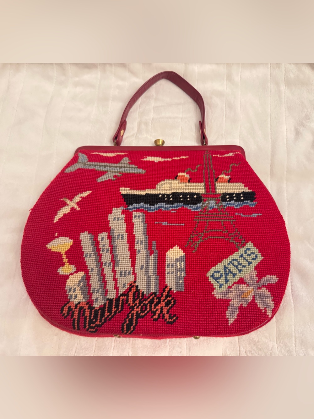 Red Tapestry vintage Travel Satchel - Paris Motif